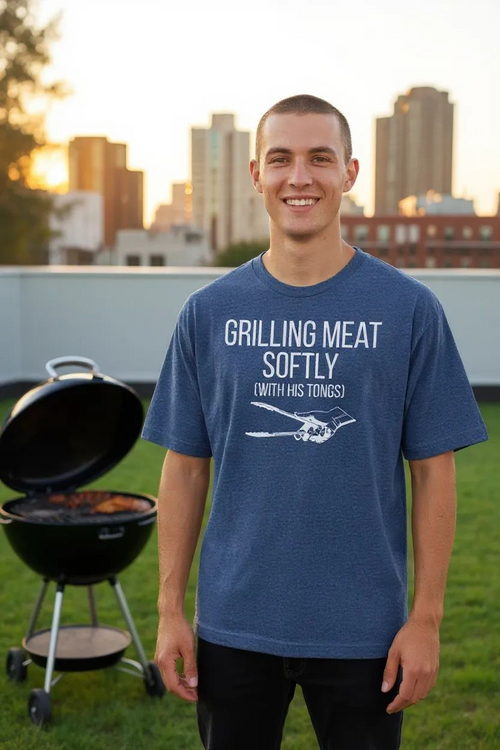 GRILLING MEAT SOFTLY WITH HIS TONGS T-SHIRT