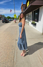 Smocked Denim Midi Dress