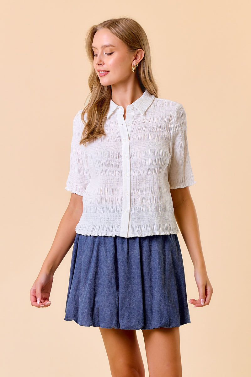 Jacquard Ruffle Button Down Top