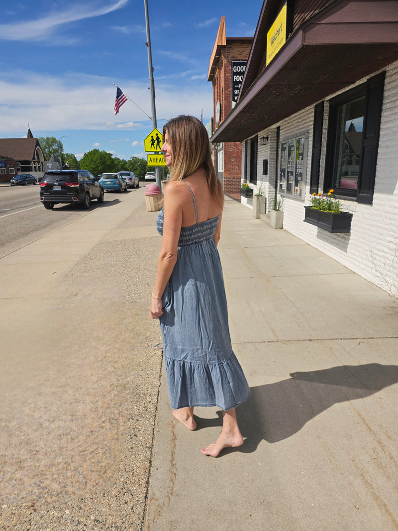 Smocked Denim Midi Dress