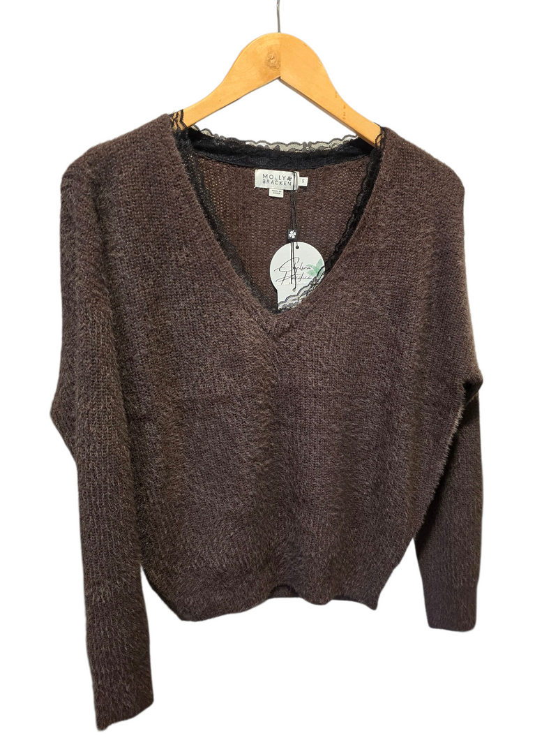 Knitted Sweater Lace Detail - Chocolate