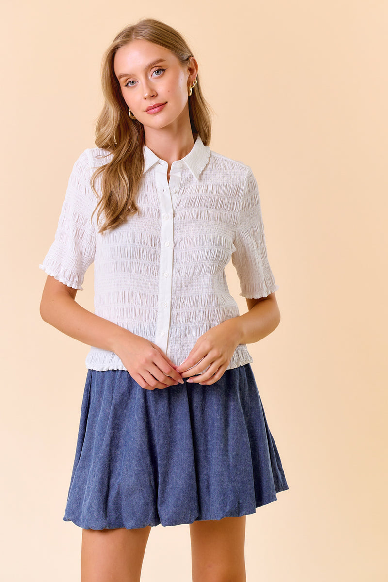 Jacquard Ruffle Button Down Top