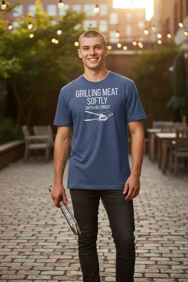 GRILLING MEAT SOFTLY WITH HIS TONGS T-SHIRT