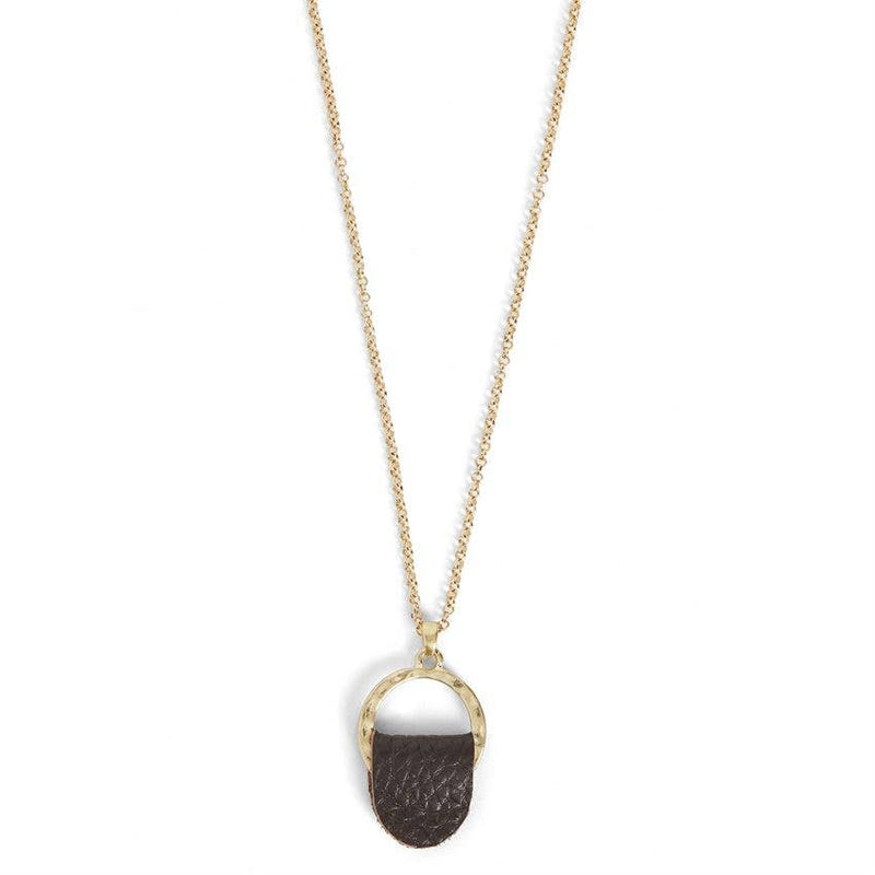 Leather Knot Hammered Disc Necklace - Gold